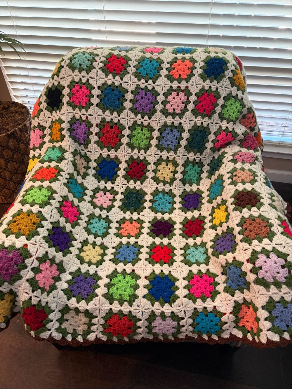 Beautiful Handmade Grandma Square Quilt, Multicolor w/ Chocolate Boarder - Picture 5 of 5